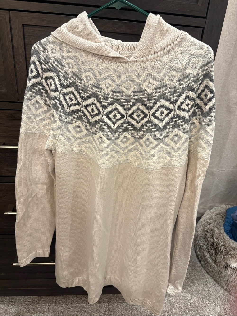 J. Jill Beige Hooded Sweater with Gray Fair Isle Yoke
